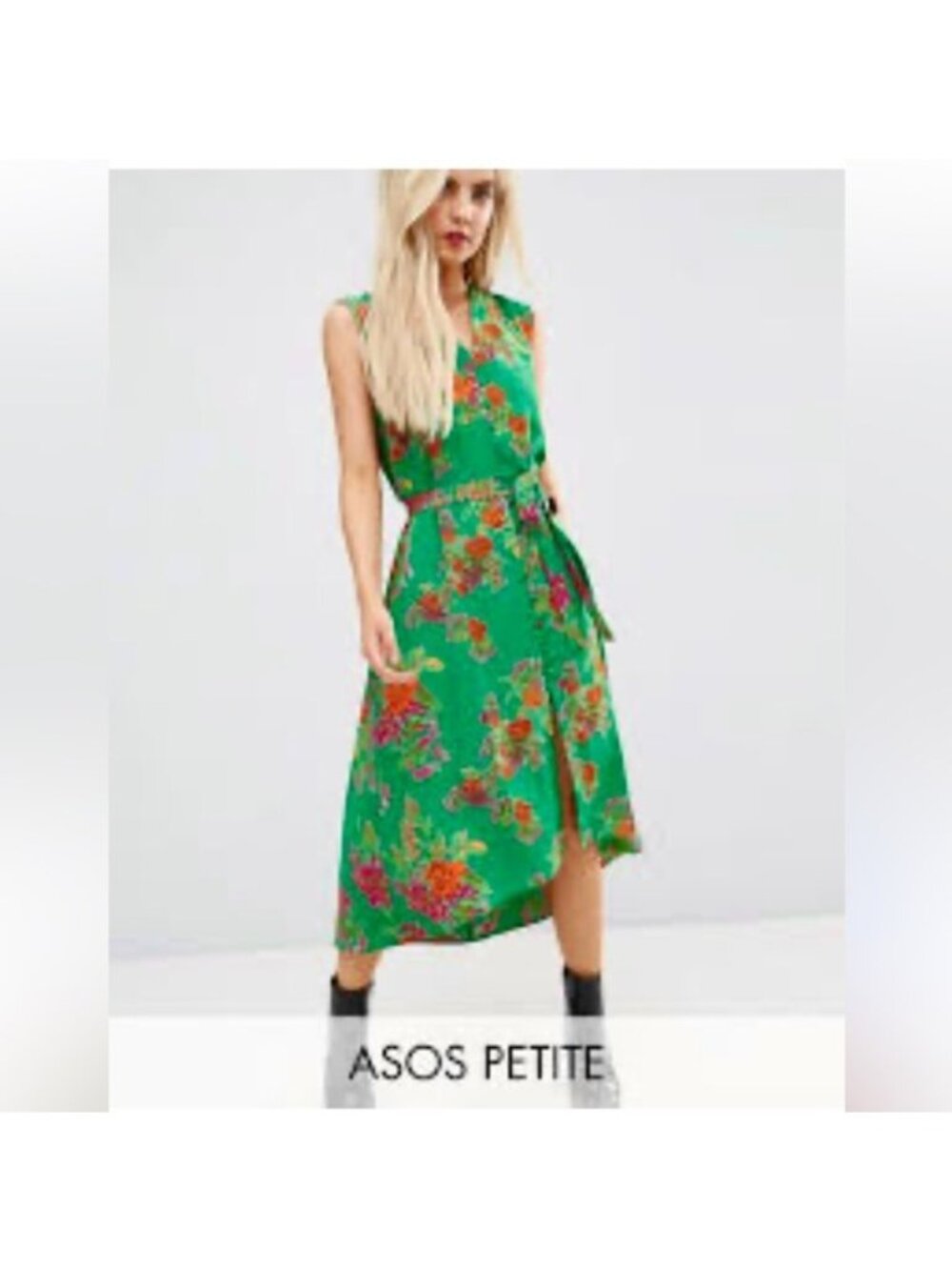ASOS Green Floral v neck shift button through midi dress size 10